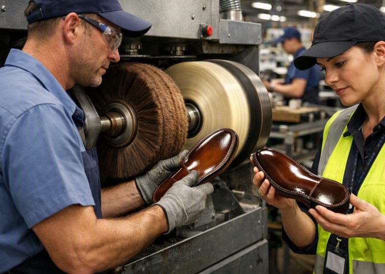 Industrial brushing and polishing operation for leather outsole in footwear factory.