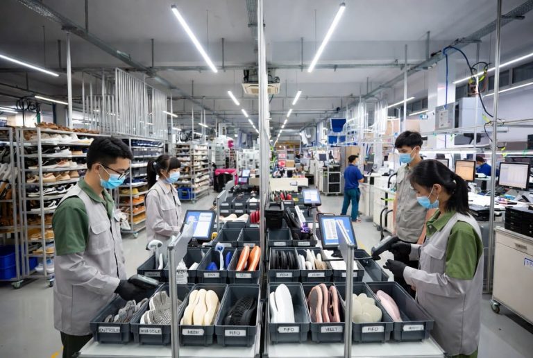 Footwear factory operator performing outsole component kitting before assembly.