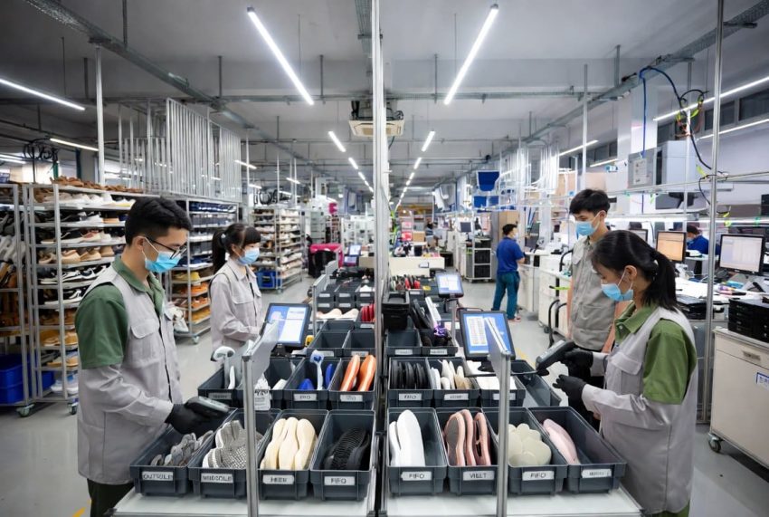 Footwear factory operator performing outsole component kitting before assembly.