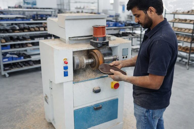 Industrial edge scouring operation on premium leather outsole in a footwear factory.