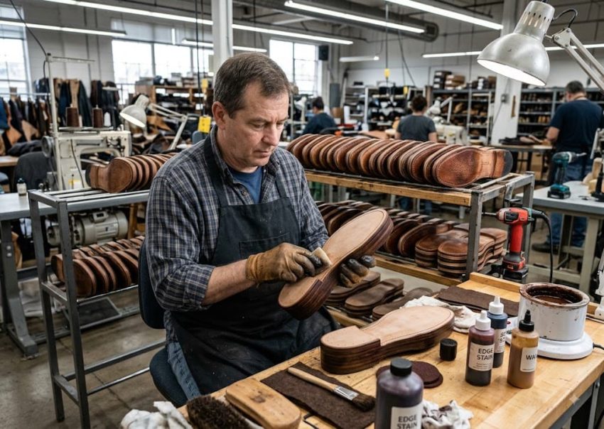 Edge coloring and waxing of leather outsoles in a footwear factory.