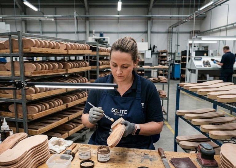 Operator applying filler on leather outsole edge before finishing.