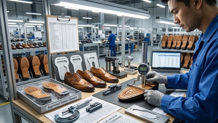 Factory inspector performing final outsole inspection using calibrated measuring tools.