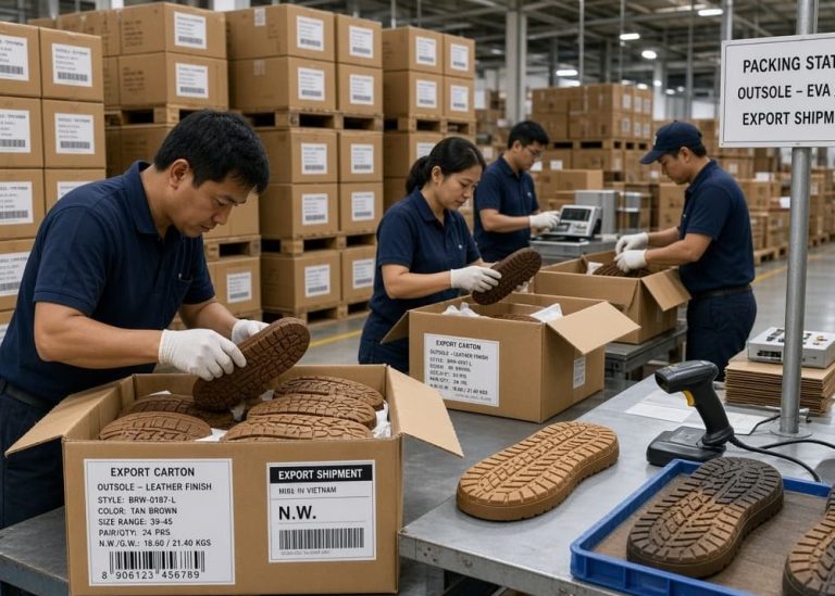 Packing department in footwear outsole manufacturing factory.