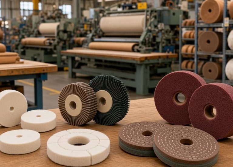 Leather, felt, and cotton wheels for outsole padding.