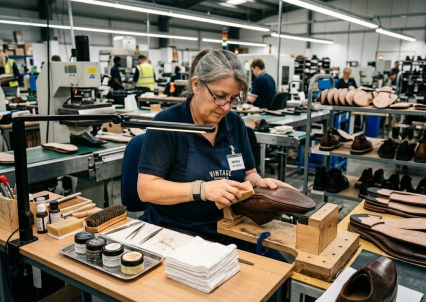 Technician performing repairing and cleaning operations on finished footwear before final inspection