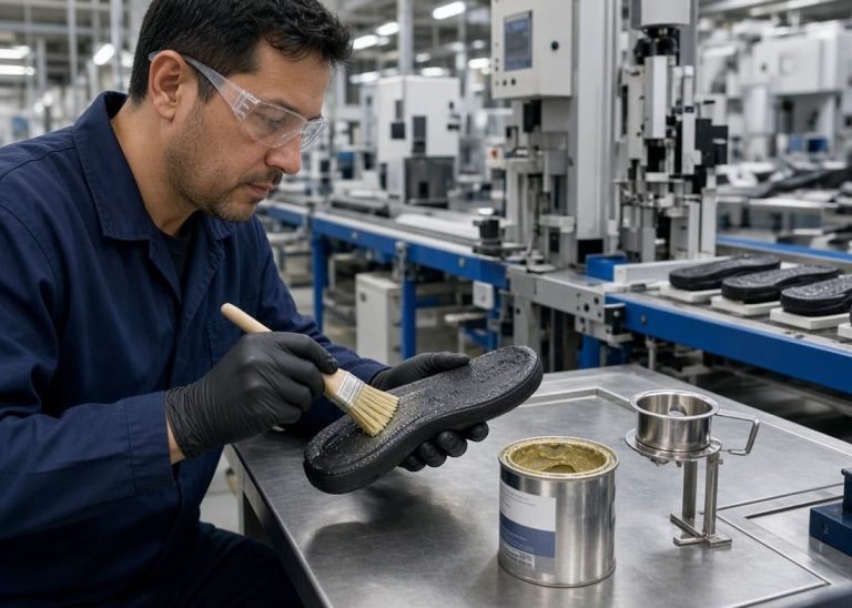 Primary cement coating applied to outsole during footwear manufacturing.