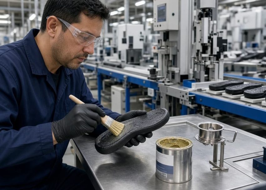 Primary cement coating applied to outsole during footwear manufacturing.