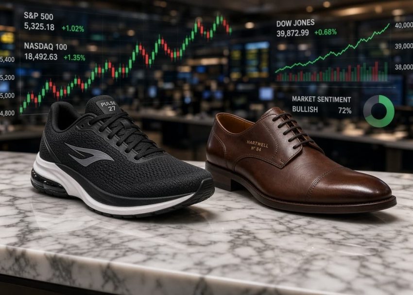 Modern athletic running shoe and classic leather dress shoe displayed against digital stock market exchange charts