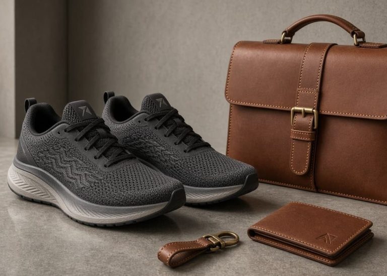 Minimalist display of luxury leather footwear and high-performance athletic shoes.
