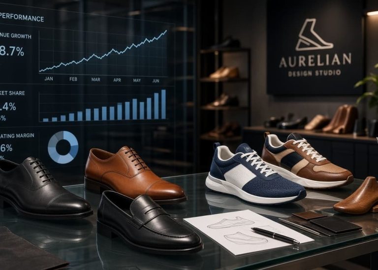 Global footwear and leather stock analysis concept featuring premium leather shoes and stock charts.