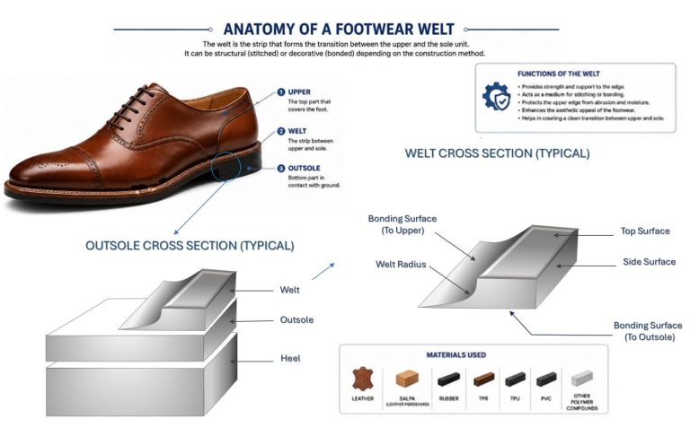 Different footwear welt types and cross-sectional profiles used in shoe manufacturing.