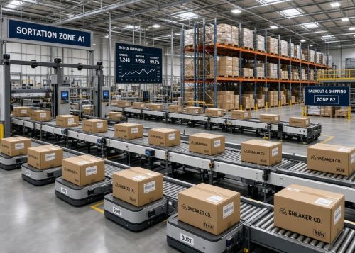 Automated supply chain fulfillment hub processing athletic shoe boxes.