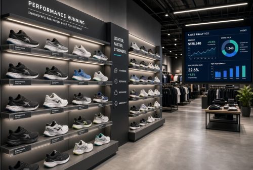 Modern retail footwear store with athletic shoes on light-up display shelves and sales charts.