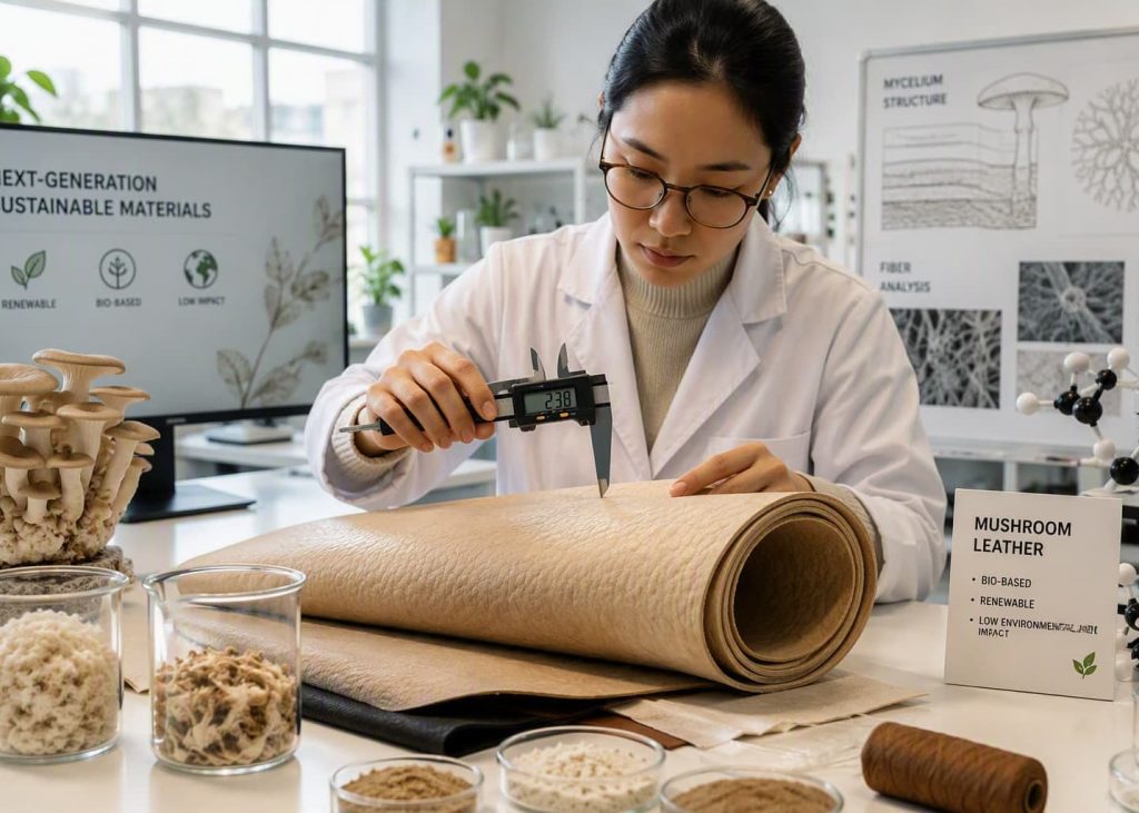 Textile researcher testing bio-based mushroom leather material in a modern laboratory.
