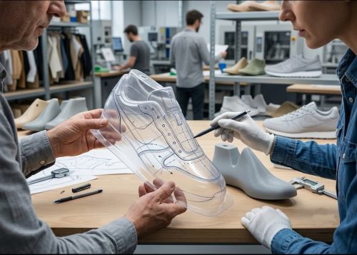 Transparent vacuum-formed shell over a shoe last with footwear style lines drawn on its three-dimensional surface