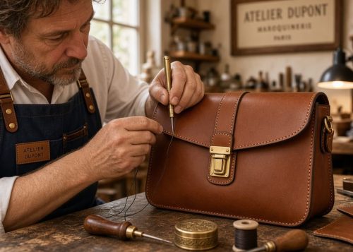 Master artisan hand-stitching luxury leather accessories in a modern workshop.