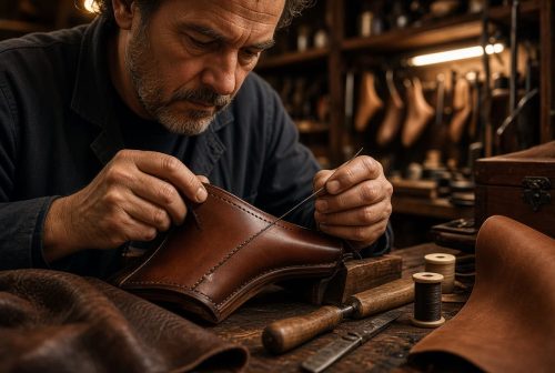 Leather artisan stitching a handcrafted leather shoe upper in a bright workshop setting.