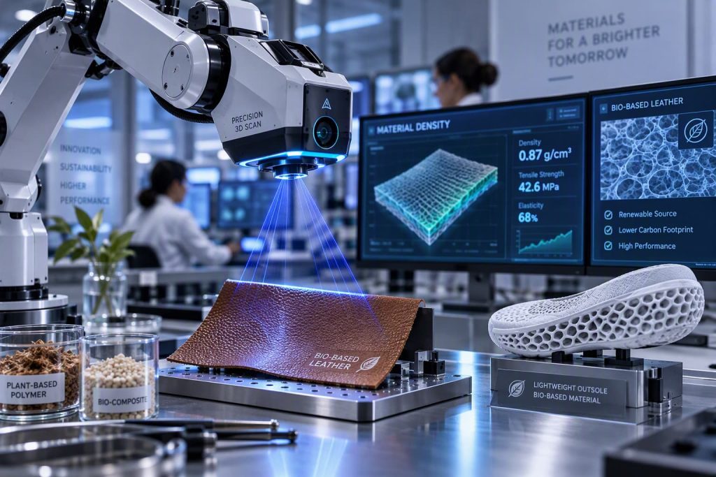 Industrial robotic arm scanning bio-based leather swatches and outsole prototypes under blue laser lights in a laboratory.