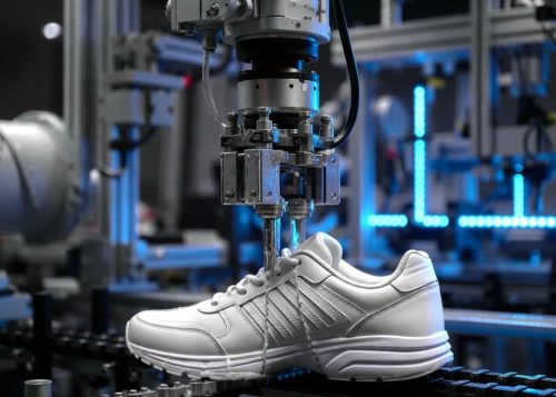 Robotic arm operating on an automated athletic footwear production line under blue LED lights.
