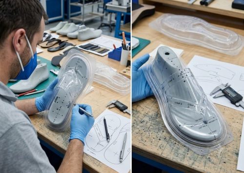 Transparent vacuum-formed shell on a sandal last showing strap and last pin reference points for marking production lasts