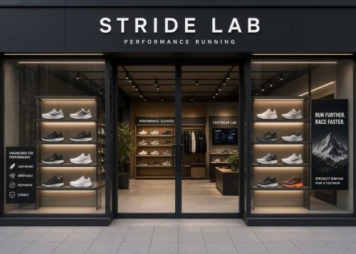 Minimalist specialty running store interior showcasing performance footwear under soft lighting.