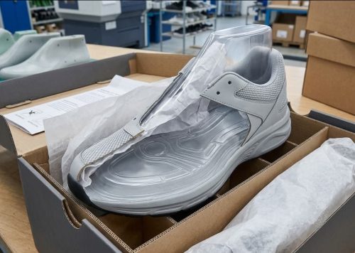 Vacuum-formed internal shoe support surrounded by tissue paper to maintain footwear shape during packing