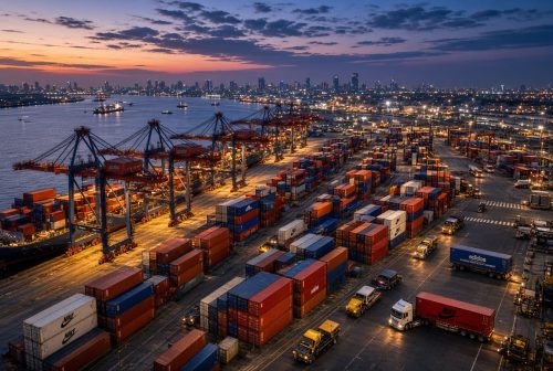 Aerial twilight view of a busy shipping port handling international consumer freight containers.