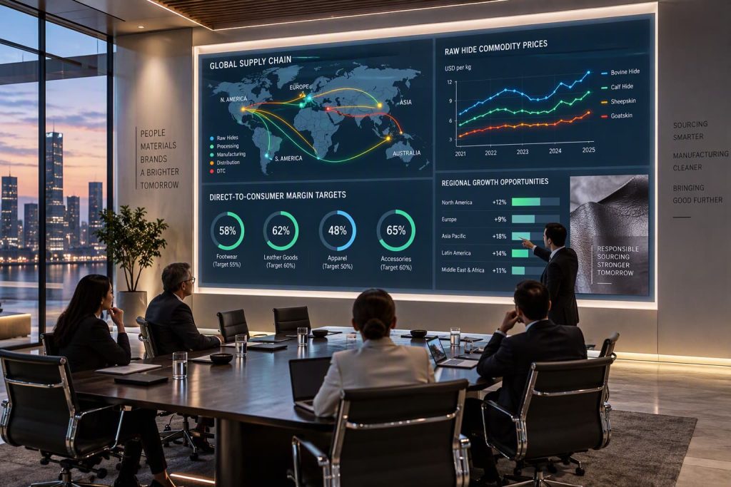 Minimalist corporate room featuring a glass wall board filled with supply chain heatmaps and commodity pricing metrics.