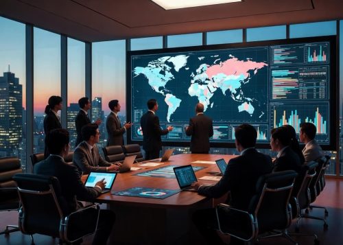 Executive team reviewing supply chain analytics and financial projections in a high-rise boardroom.
