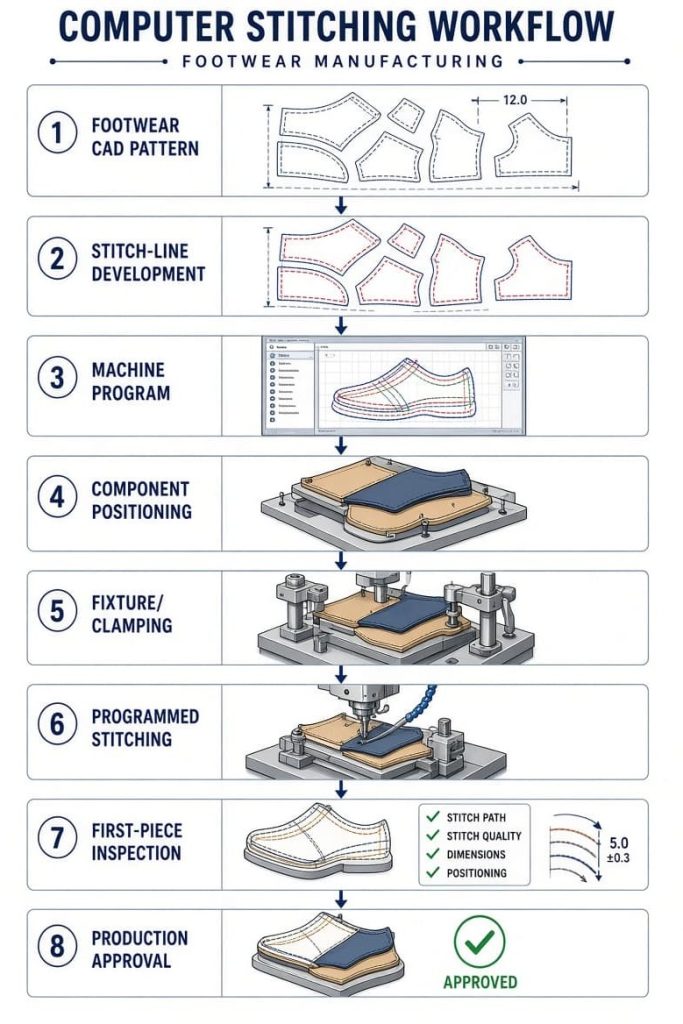 Computer stitching workflow from footwear CAD to production