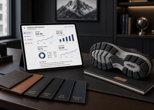: Equity research workstation with digital stock charts, leather swatches, and footwear design components.