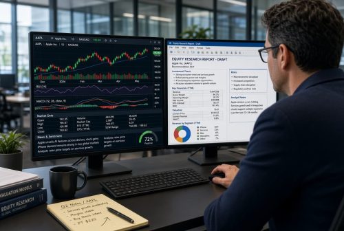 Financial analyst reviewing market candle-stick charts and equity research metrics on dual monitors.