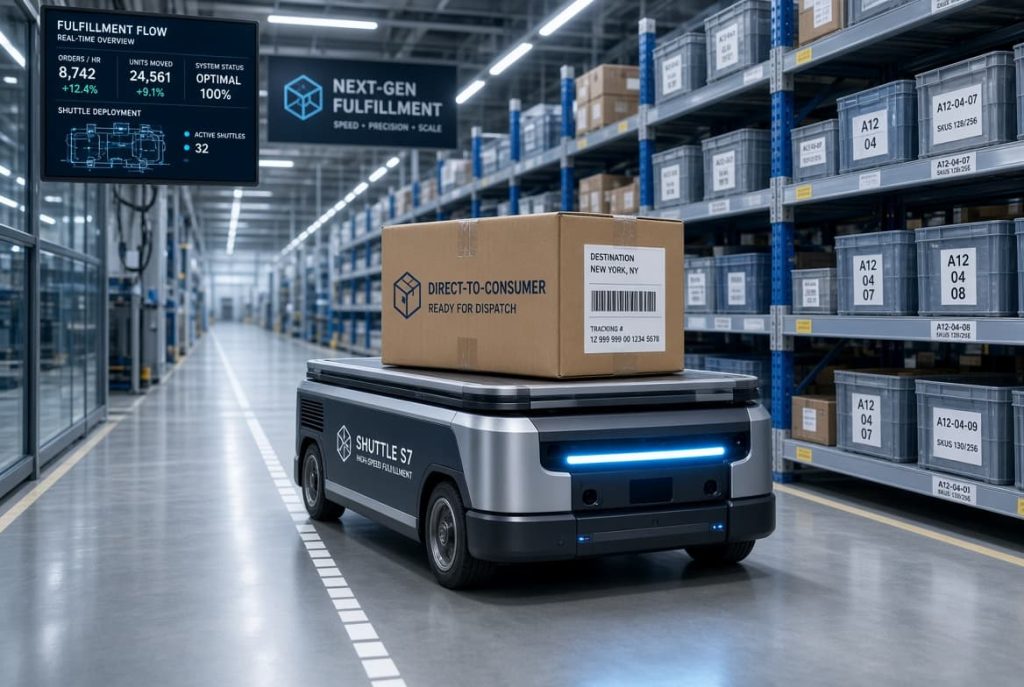 Automated robotic warehouse shuttle carrying packages along a sleek fulfillment aisle.