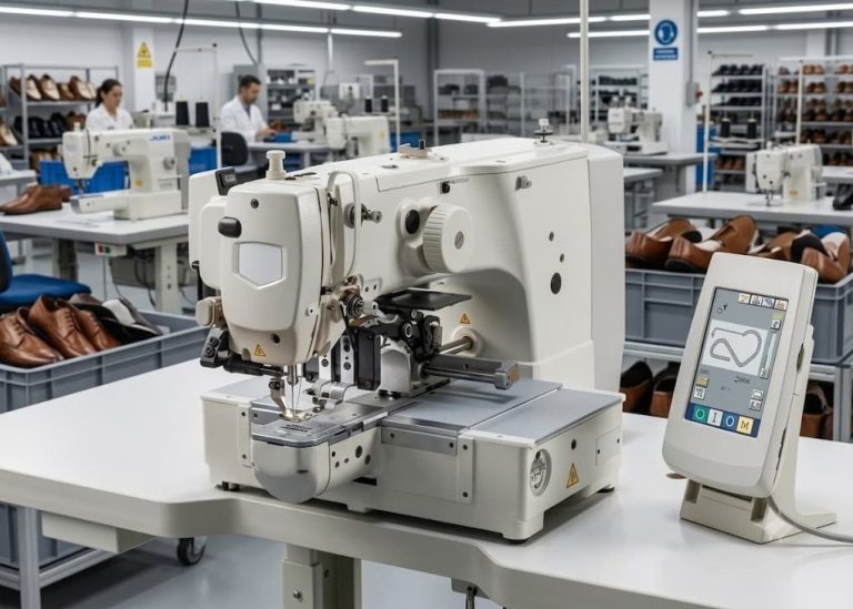 Computer stitching machine sewing a footwear upper in modern footwear manufacturing