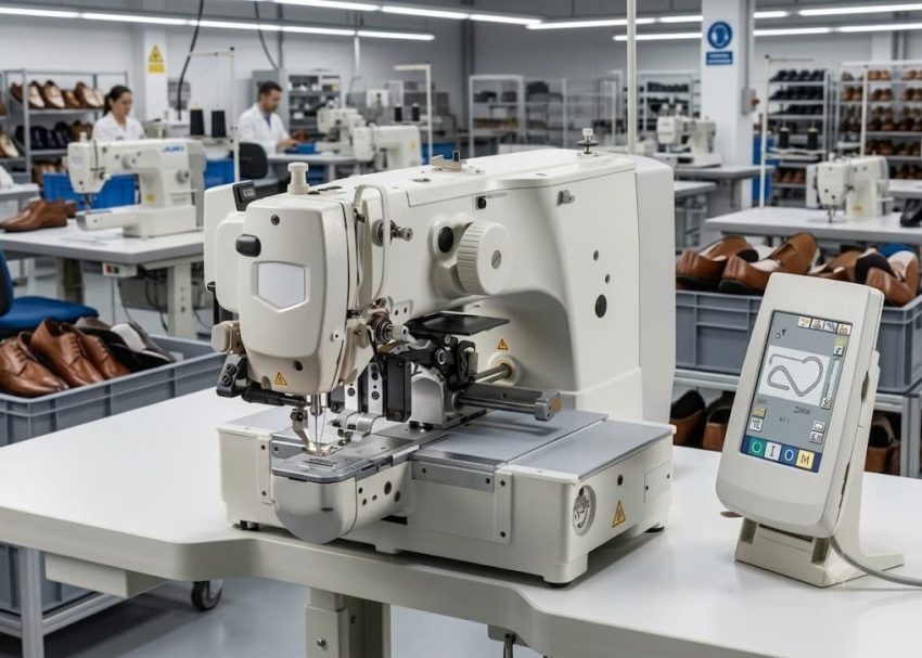 Computer stitching machine sewing a footwear upper in modern footwear manufacturing