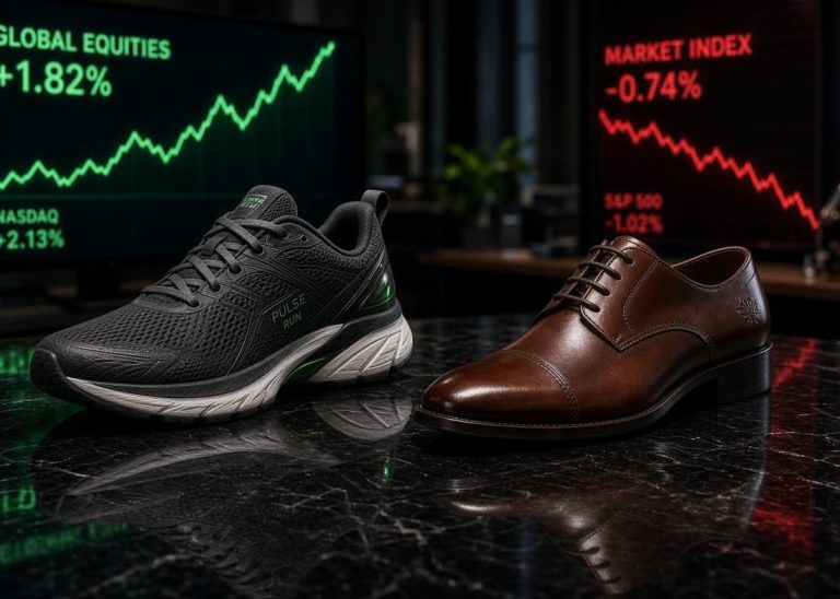 High-performance running sneaker and fine leather dress shoe on a corporate desk alongside financial stock index charts.
