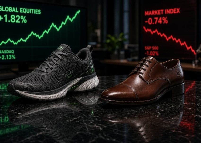 High-performance running sneaker and fine leather dress shoe on a corporate desk alongside financial stock index charts.