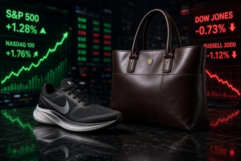 Athletic performance shoe and luxury leather tote bag displayed next to financial index overlay graphics.