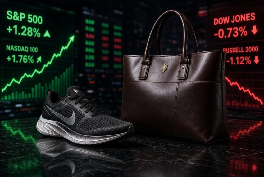 Athletic performance shoe and luxury leather tote bag displayed next to financial index overlay graphics.