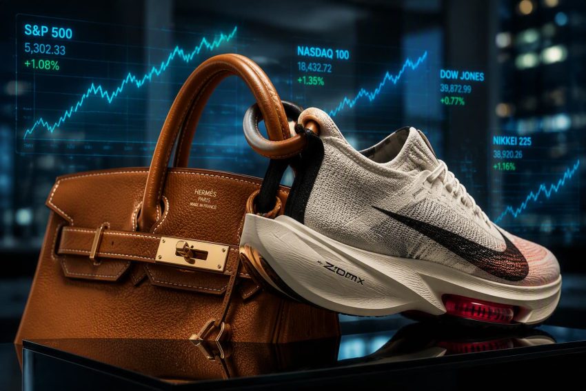 Premium leather handbag and technical performance running shoe on a reflective pedestal with market index overlays.