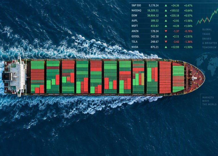 Aerial view of a ocean cargo container ship with containers styled as financial chart bars alongside digital stock ticker overlays.