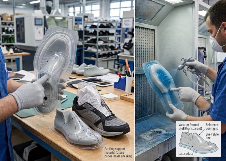 Vacuum-formed thermoplastic shell used for shoe last masking, style-line development, last marking and shoe packing support