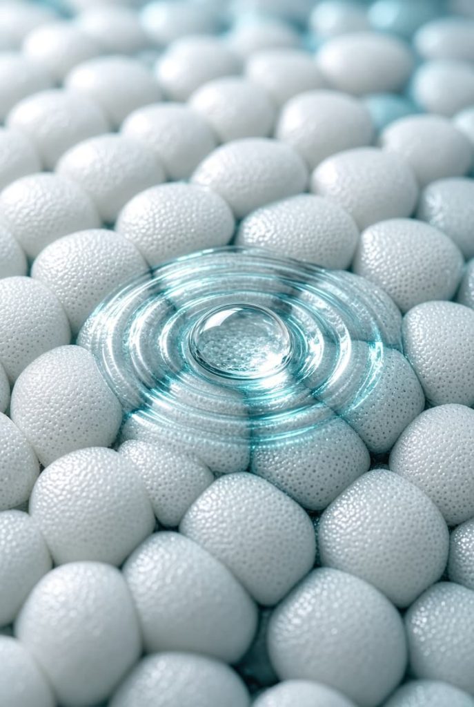 Close-up macro texture of white fused expanded-TPU foam beads in a high-rebound Infinergy shoe midsole.