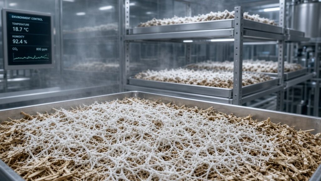 Indoor vertical bio-farming setup growing dense mycelium hyphae on agricultural waste substrate.