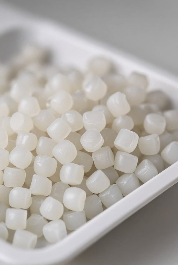 Thermoplastic polymer pellets representing PEBA raw material, illustrative materials image.