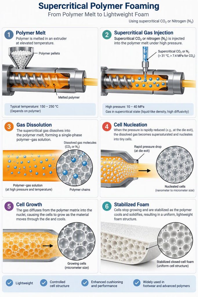 Six stages of supercritical polymer foaming