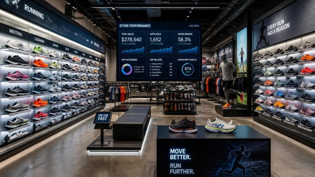 Modern athletic footwear store with illuminated sneakers on display and digital inventory analytics on a screen.