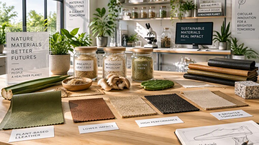 Samples of sustainable plant-based alternative leather on a modern laboratory worktable.