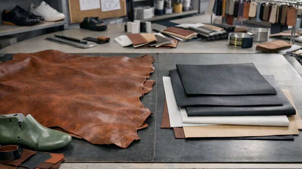Natural leather and synthetic leather materials compared in a footwear studio
